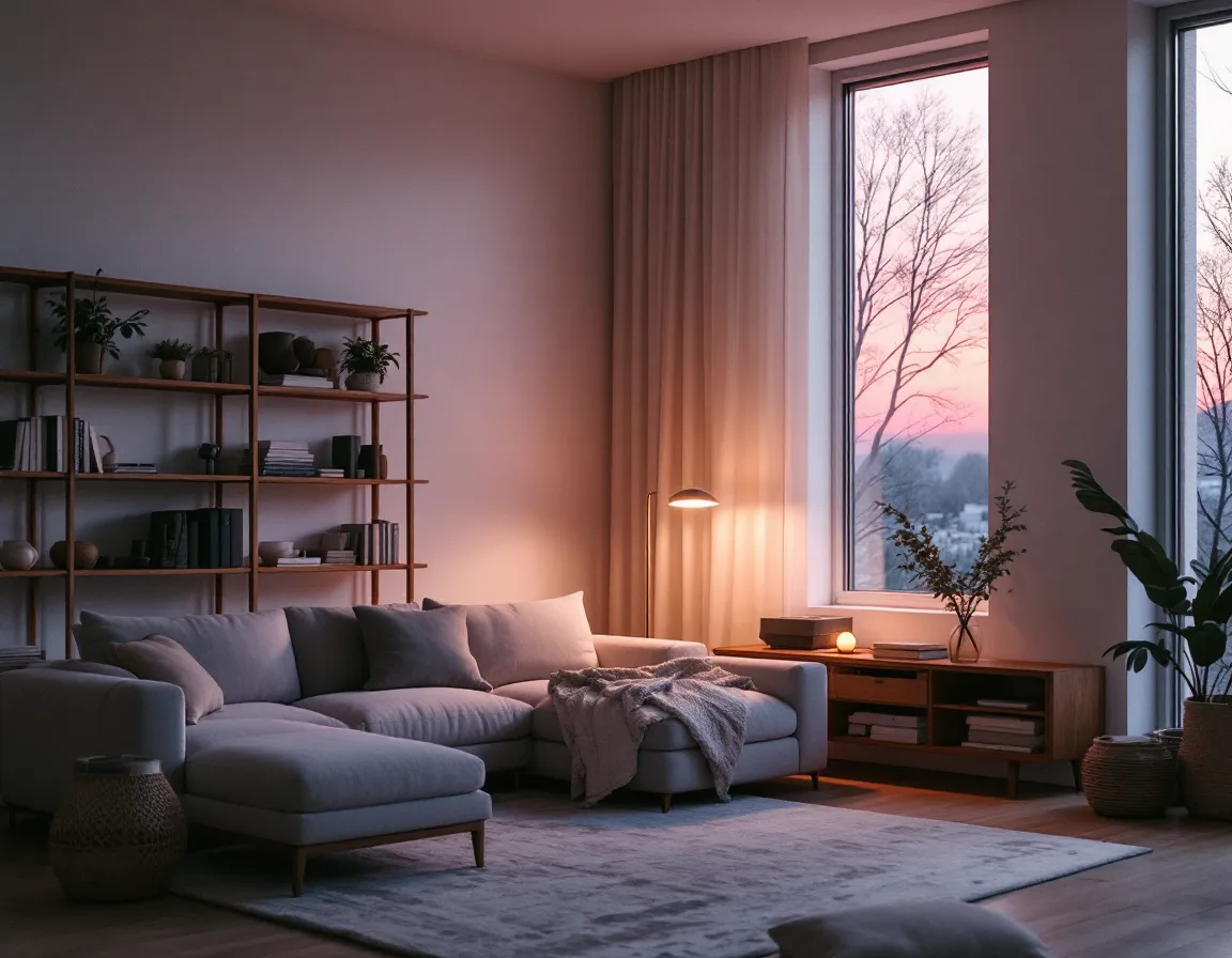 A quiet living room with walnut shelving and one warm lamp glowing at dusk