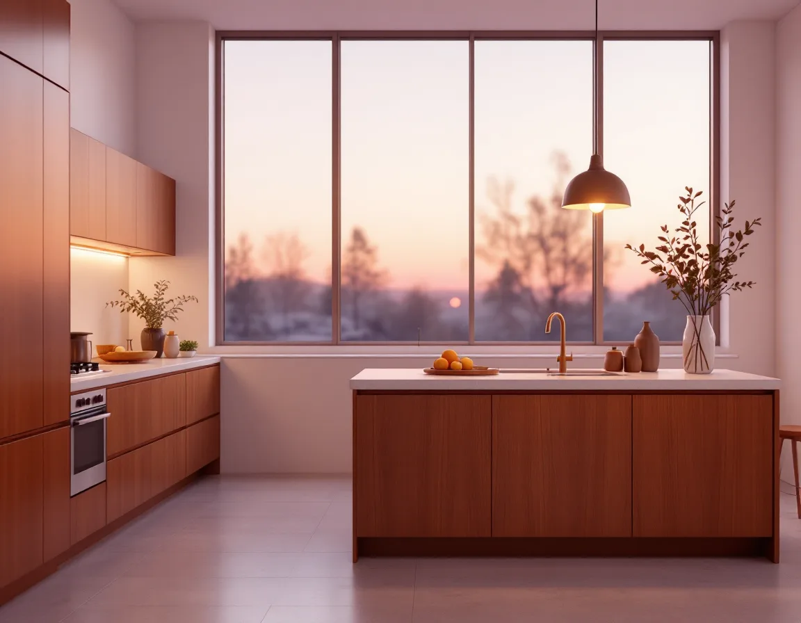 Interior rendering of a walnut kitchen with a glowing pendant lamp