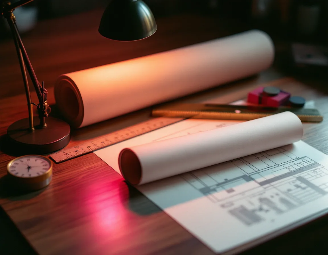 Rolled plan sets and a scale ruler on a walnut desk under a warm lamp